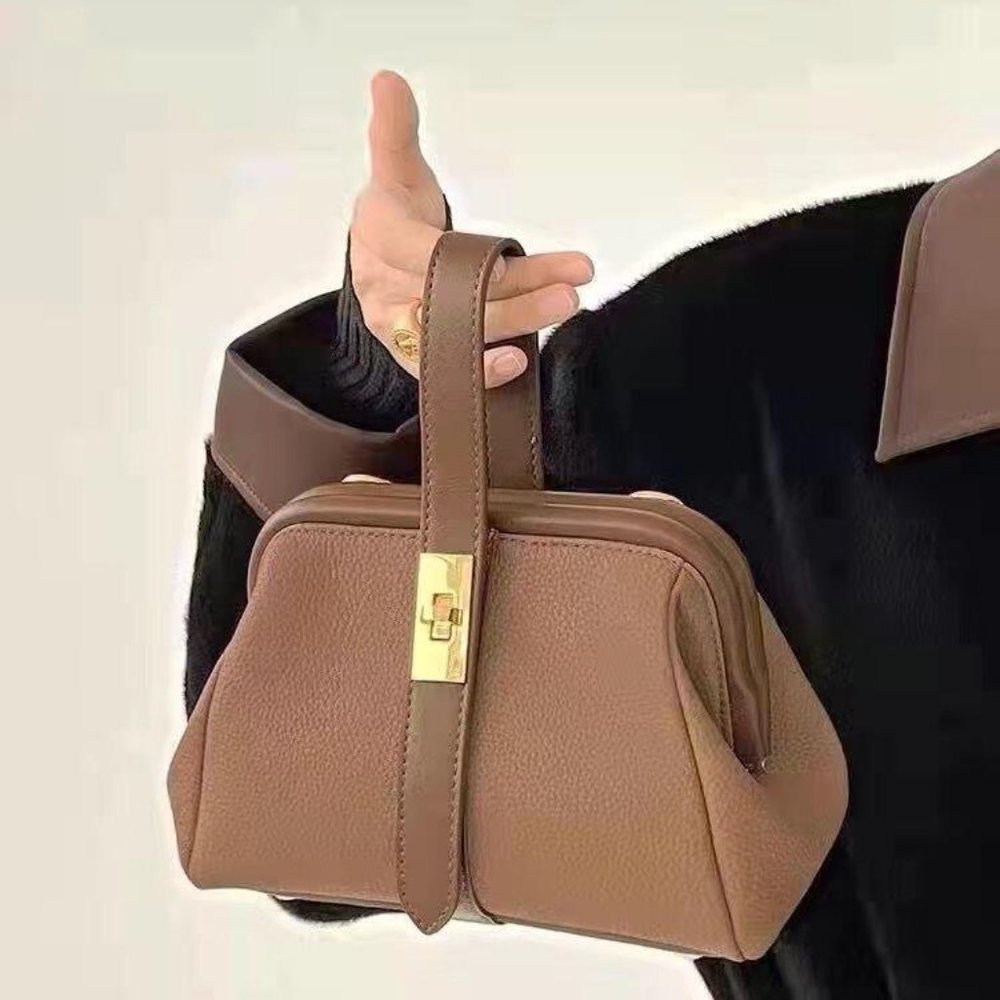 Unique top handle/crossbody vegan leather handbag - caramel